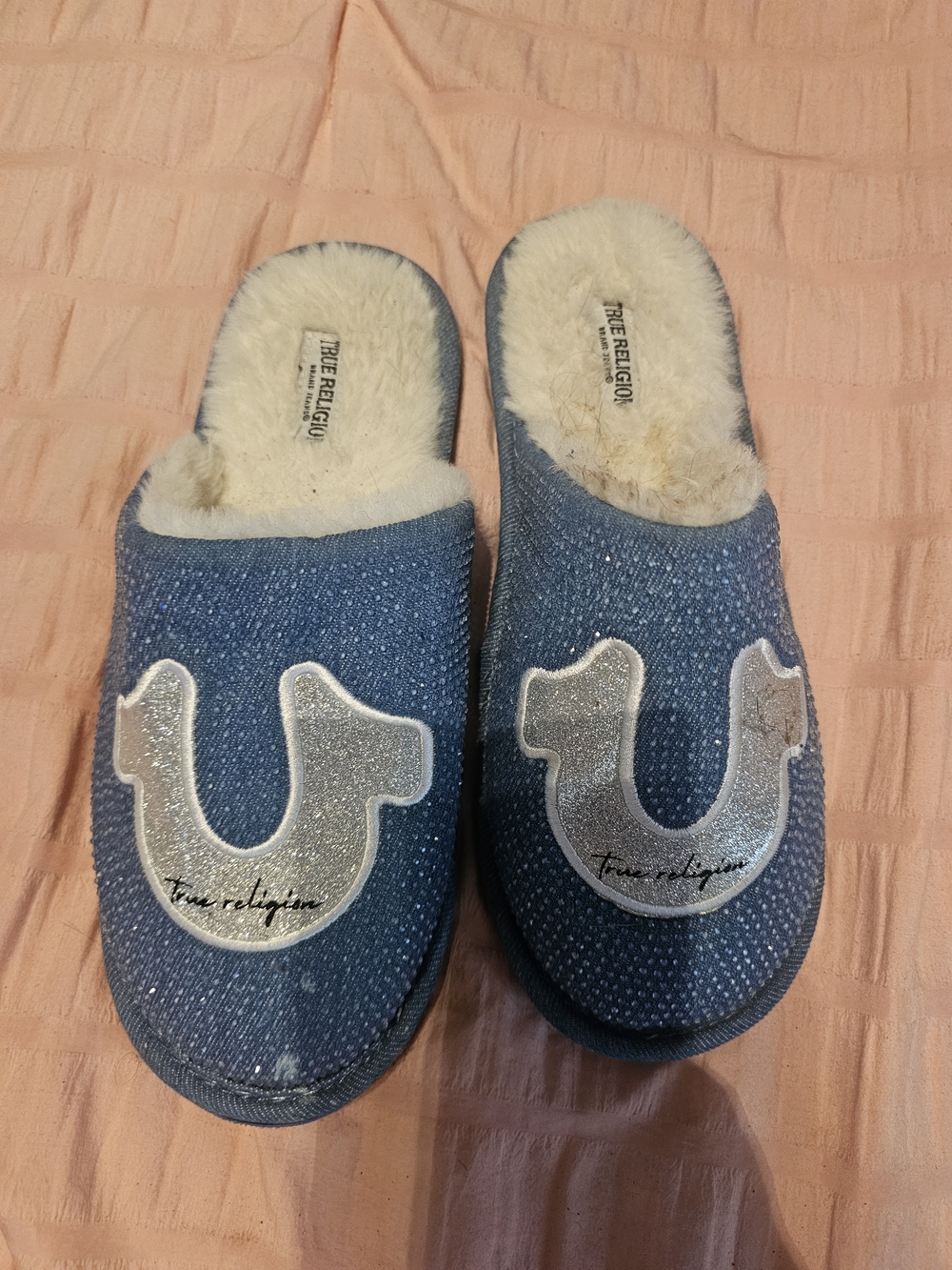 True Religion Denim Sparkle Logo Slippers - Blue with Cream Fur